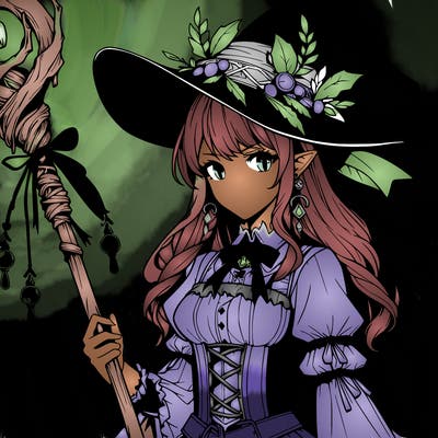 a realistic fantasy manga witch with a staff