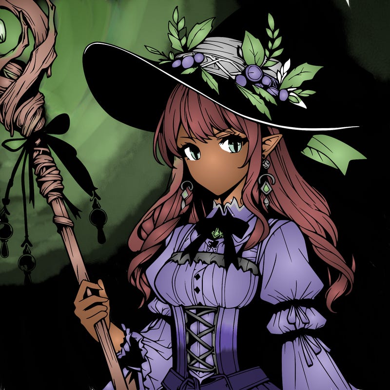 a realistic fantasy manga witch with a staff