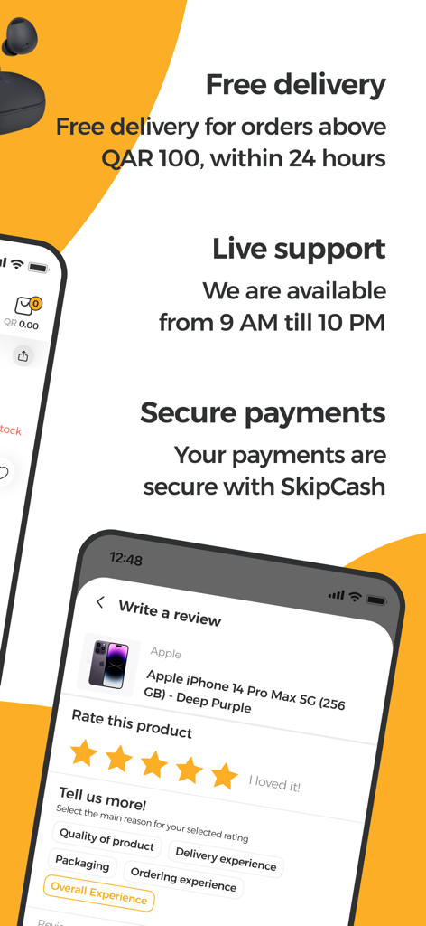 Starlink Qatar - Starlink Qatar app screen showcasing free delivery details live support hours secure payments and a product review interface