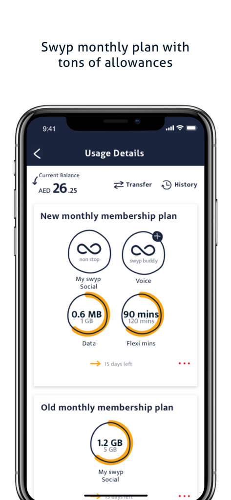 swyp UAE - Mobile dashboard of swyp UAE app showing usage details for monthly membership plan allowances including social data and voice minutes
