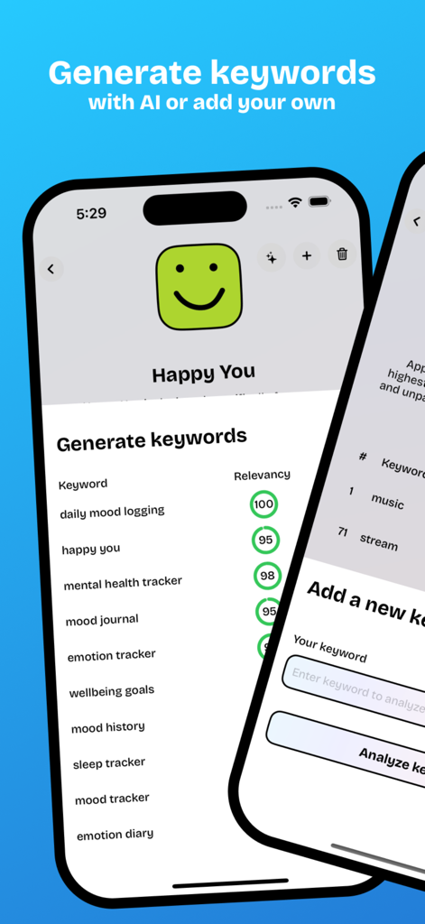 Radar App Keyword Optimization - Interface de l'application Radar montrant la génération de mots-clés par IA avec des scores de pertinence pour l'optimisation ASO.
