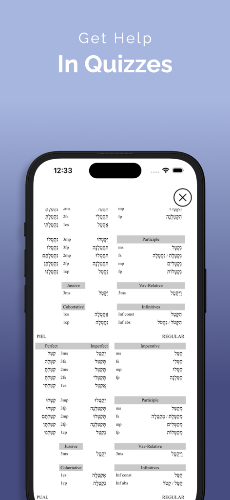 ParseHebrew - Hebrew Quizzing - Detailed Biblical Hebrew verb conjugation charts for grammar reference within the app.