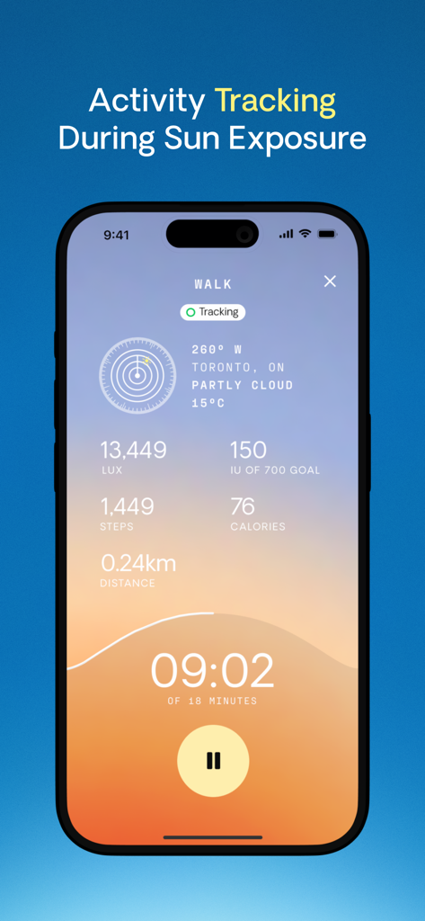 SunSeek: Sunlight & Vitamin D - SunSeek app interface showing real-time sunlight and activity tracking metrics including lux levels and vitamin D