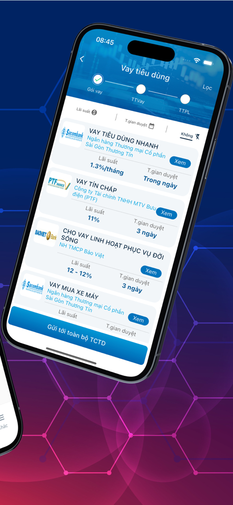 iCICアプリのモバイルインターフェース。さまざまなベトナムの金融機関からのさまざまな消費者ローンオプションが、金利の詳細とともに表示されています。