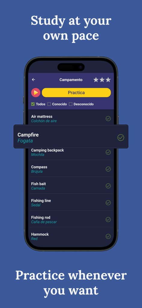 Smartphone screen showing a camping vocabulary list in English and Spanish for self-paced study.