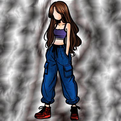 girl in baggy pants crop top and long hair