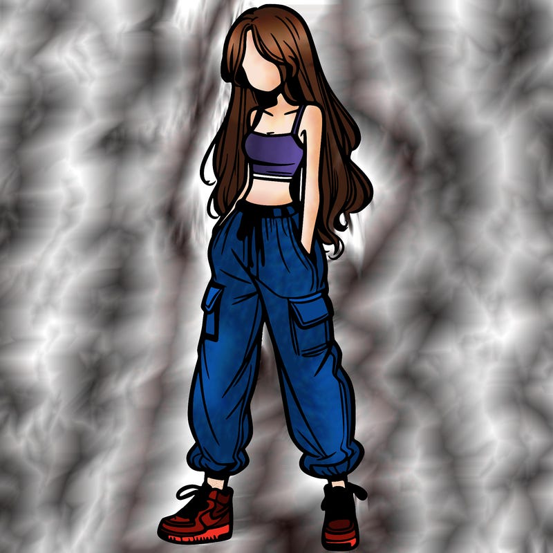 girl in baggy pants crop top and long hair