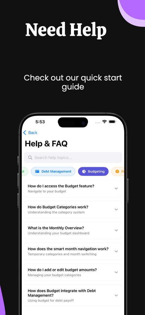 DebtZero - Debt Payoff Planner - Pantalla de Ayuda y Preguntas Frecuentes de la aplicación DebtZero que muestra preguntas comunes sobre presupuestos y gestión de deudas