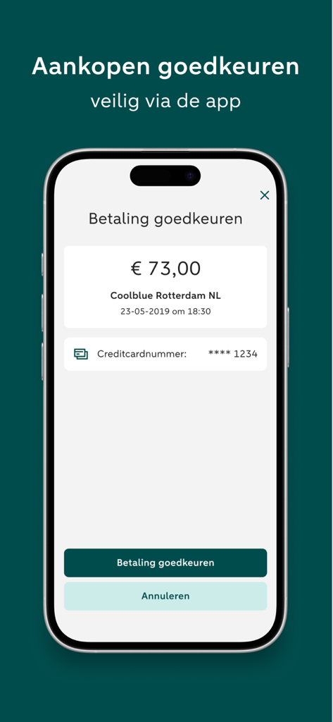 ABN AMRO Creditcard - Smartphone screen showing a secure payment approval for a transaction in the ABN AMRO Creditcard app