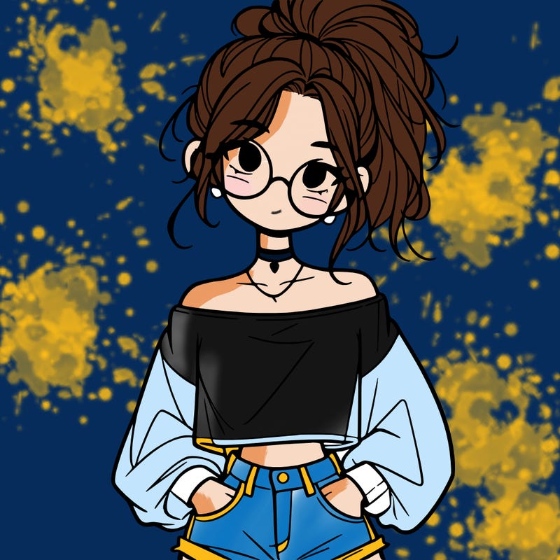 girl with a messy ponytail glasses a baggy crop top and jean shorts