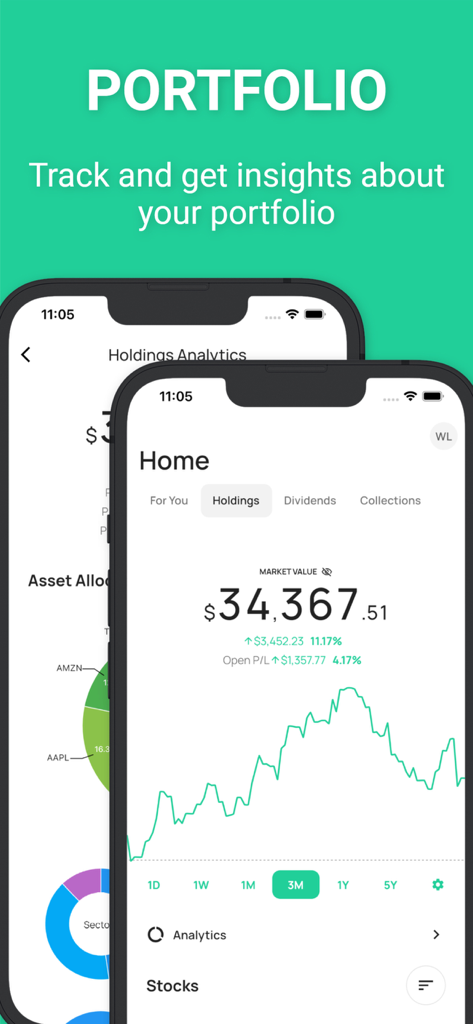 Stock Events app interface showing a portfolio dashboard with market value and performance charts