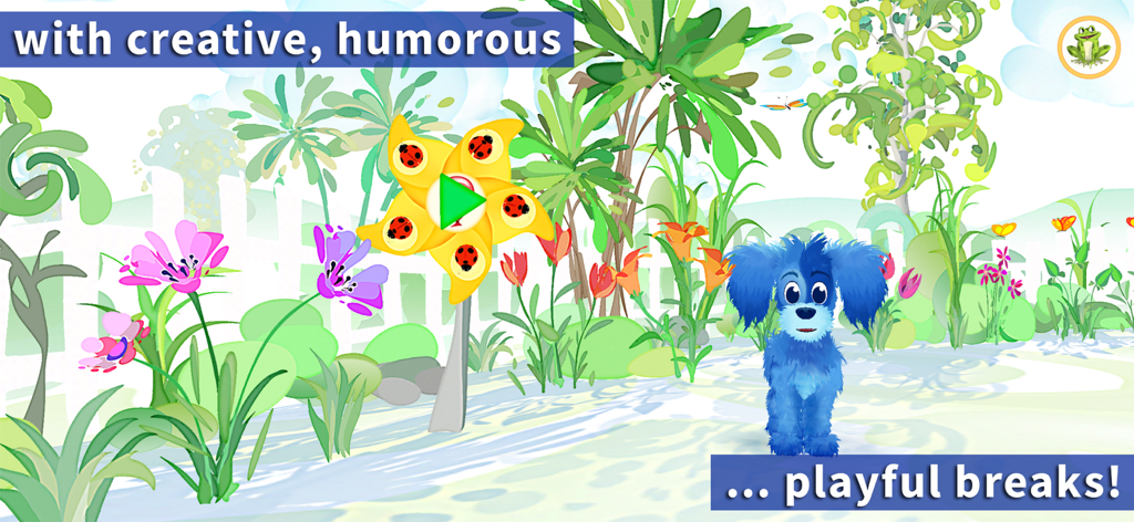 Un personaggio di cane blu di nome Lazuli in un giardino digitale colorato con una girandola di coccinella e fiori.