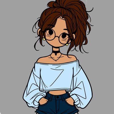 girl with a messy ponytail glasses a baggy crop top and jean shorts