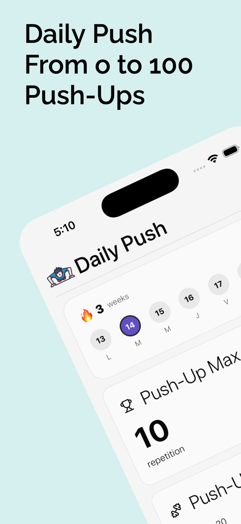 Interface of Daily Push app showing a push-up progress tracker and daily exercise streak.
