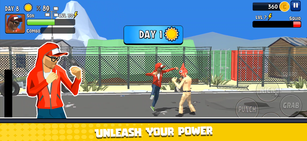 City Fighter vs Street Gang - Action scene from City Fighter vs Street Gang showing a red hooded fighter and combat controls