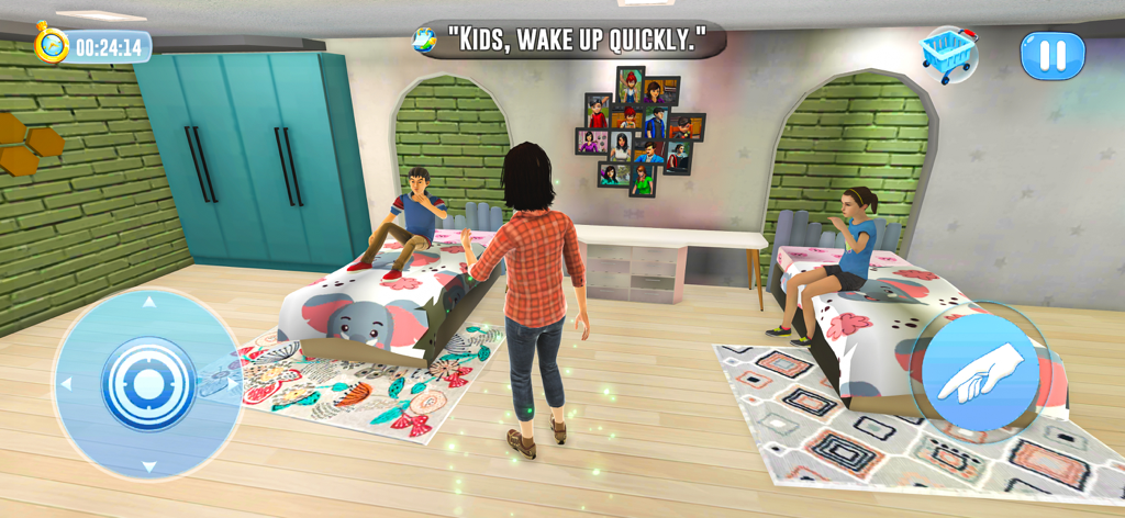 Virtual Mom Sim Game - Un personaje de mamá virtual despertando a sus hijos en un dormitorio estilizado durante el juego.