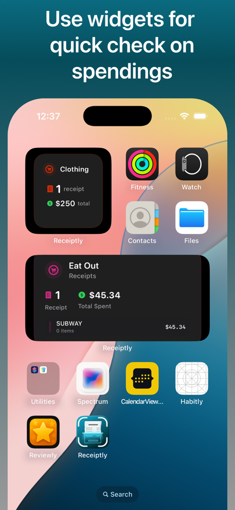 Smart Scan Receipts: Receiptly - Pantalla de inicio del iPhone que muestra widgets de la aplicación Receiptly para rastrear gastos de ropa y restaurantes