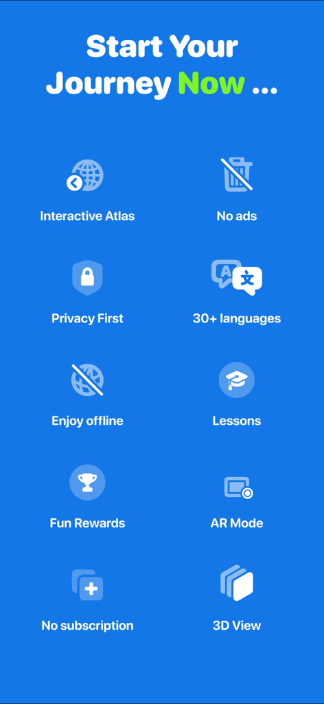 Geography Quiz: GeoGeek - A list of GeoGeek app features including AR mode, 3D view, interactive atlas, and offline access