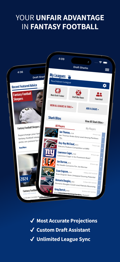 Draft Sharks Fantasy Football - Draft Sharks Fantasy Football app screen showing draft tools player news and league management features