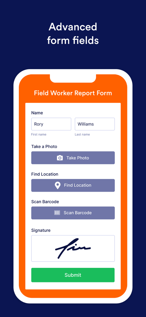 Eine Smartphone-Anzeige der Jotform Enterprise Mobile App, die einen Feldberichtsformular mit Foto-, GPS-, Barcode- und Signaturfeldern zeigt.