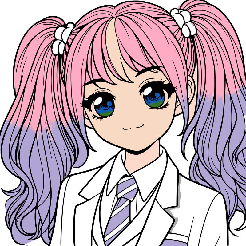 realistic girl with two ponytails and a suit on