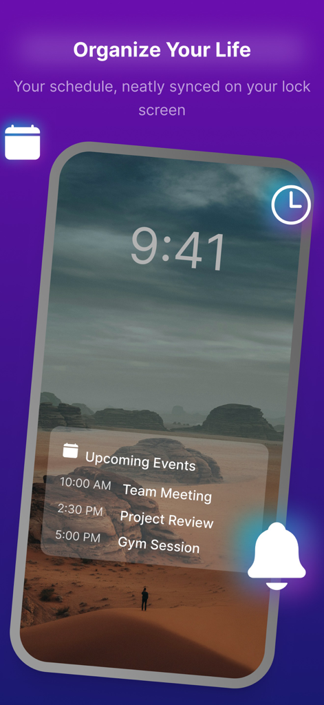 Ai AnyText - Any Text Widget - An iPhone lock screen displaying an upcoming events schedule widget with a desert background