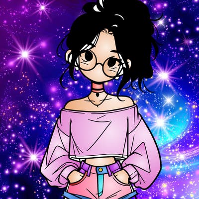 girl with a messy ponytail glasses a baggy crop top and jean shorts