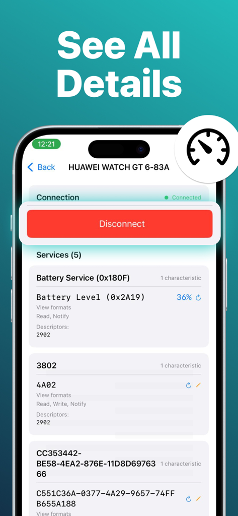 Detailed view of a connected Bluetooth device showing battery level and BLE services.