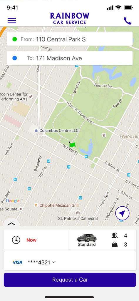 Rainbow Car Service - Rainbow Car Service mobile app booking screen showing pickup and destination addresses in New York on a map