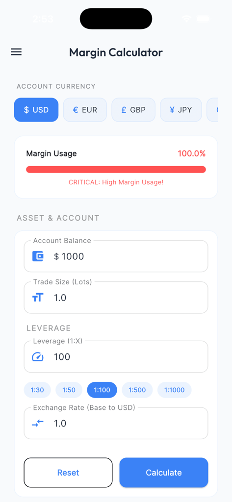 Tela móvel mostrando uma calculadora de margem Forex com um aviso de alto uso de margem e campos de entrada de negociação