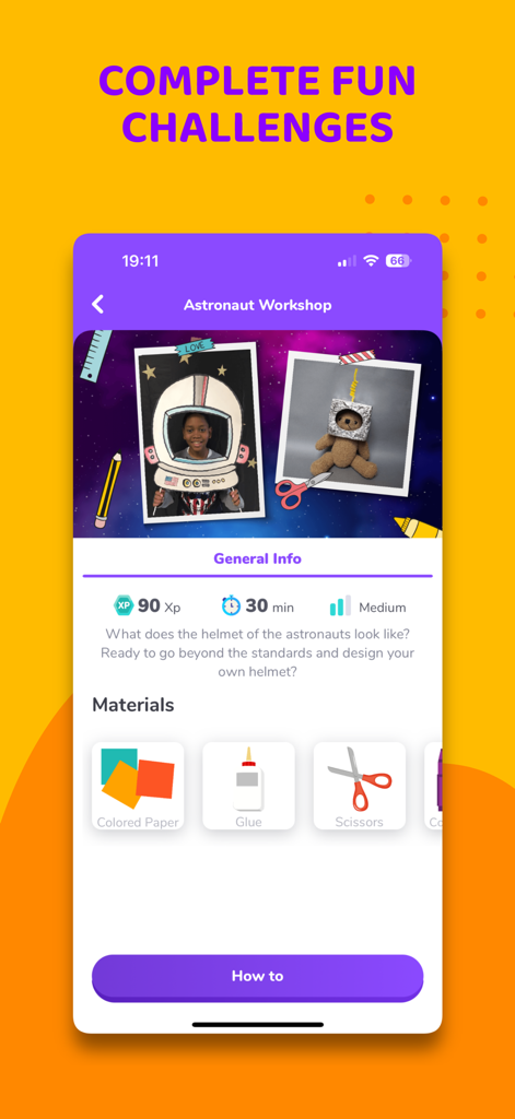 Twin Science: STEM Learning - Astronauten-Werkstatt-Bildschirm in der Twin Science App, der ein DIY-Projekt mit Materialien wie farbigem Papier, Klebstoff und Schere zeigt