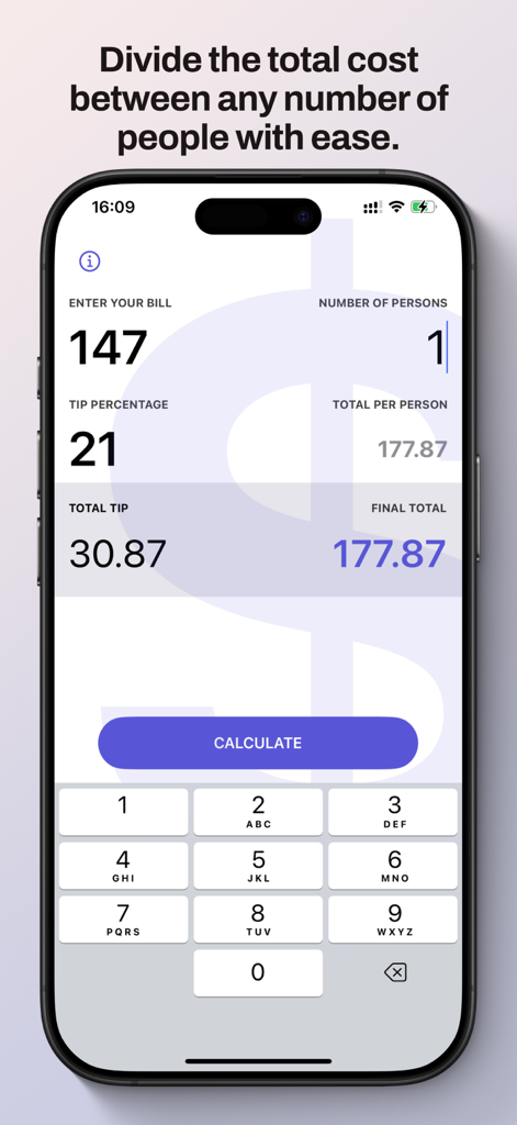 Interface of the Tipio app displaying bill entry and tip calculation results