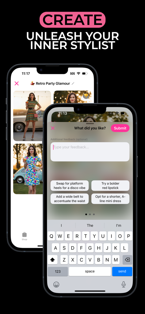Mobile app screens showing AI-generated retro outfits and an interactive feedback section for personalized styling refinements.