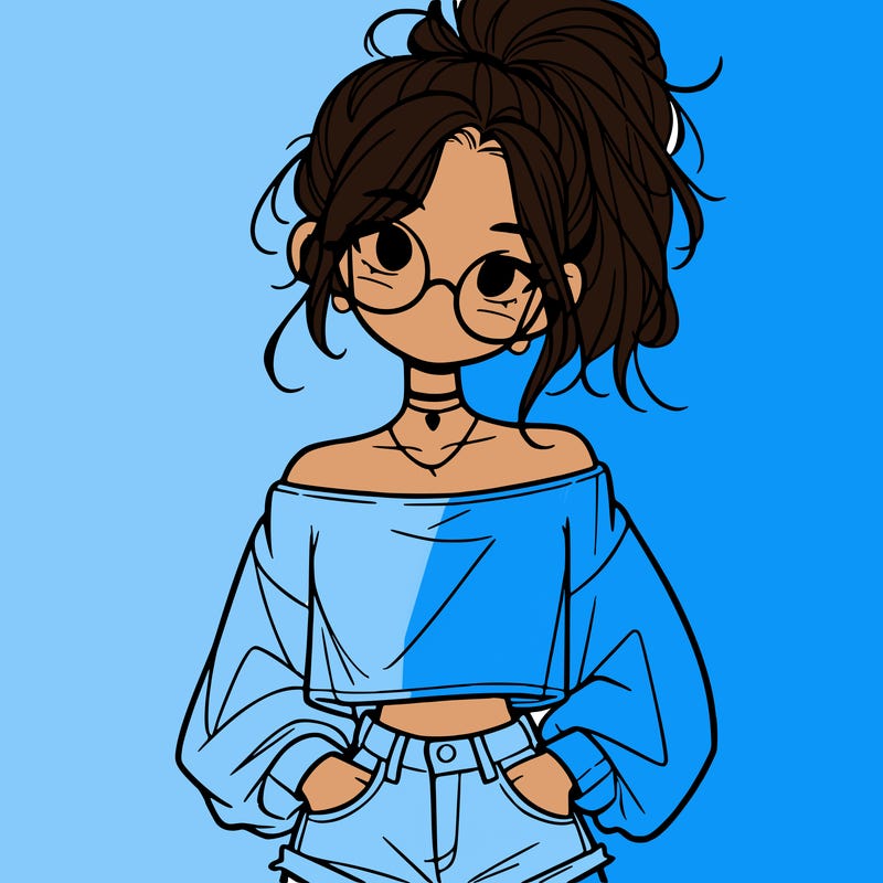 girl with a messy ponytail glasses a baggy crop top and jean shorts