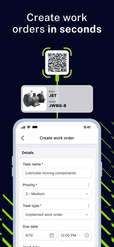Limble - Interfaz de la aplicación Limble mostrando cómo crear una orden de trabajo utilizando escaneo de códigos QR para la gestión de activos