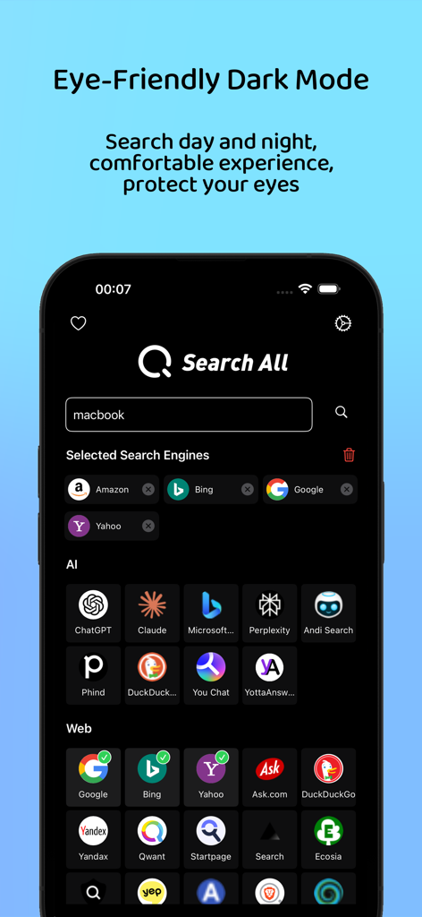 Interface do aplicativo Pesquisar Tudo exibindo o modo escuro amigável aos olhos com várias opções de motores de busca de IA e web