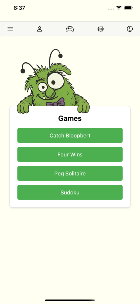 Days until my birthday - Um menu de jogos no aplicativo de contagem regressiva de aniversário apresentando um mascote monstro verde e jogos casuais como Sudoku e Quatro em Linha.