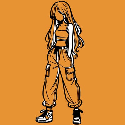 girl in baggy pants crop top and long hair