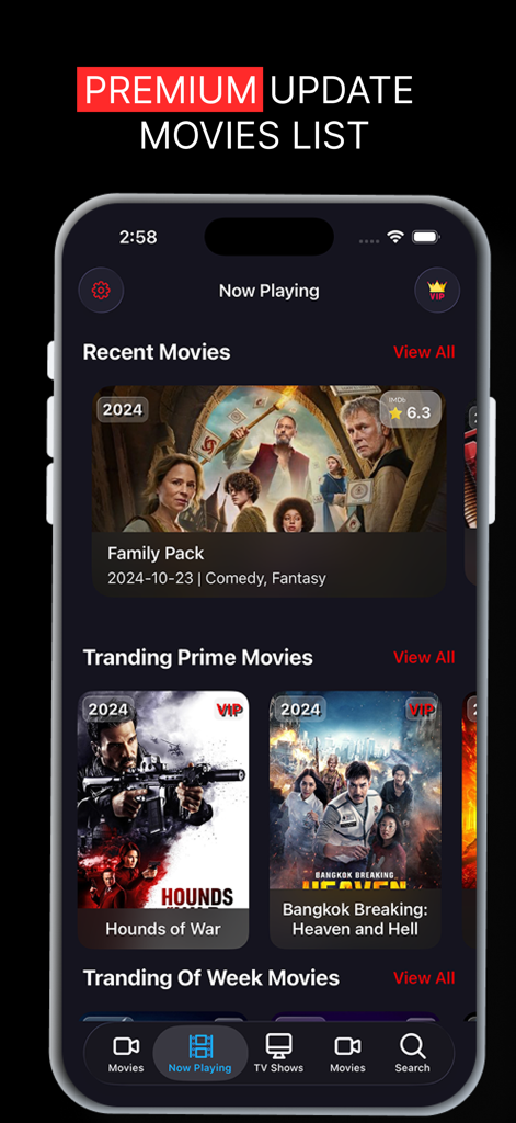 Netmirror アプリのインターフェイス。人気の最近の映画のリストと、iPhone 上での評価と説明が表示されています。