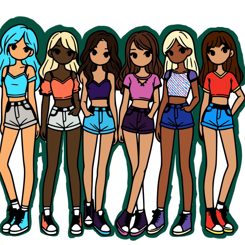 a group of girls wearing crop tops and shorts