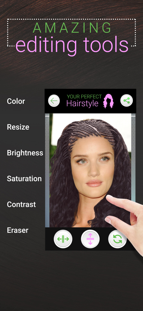 Interfaz de la app Peinado Perfecto que muestra herramientas de edición de cabello como color y tamaño.