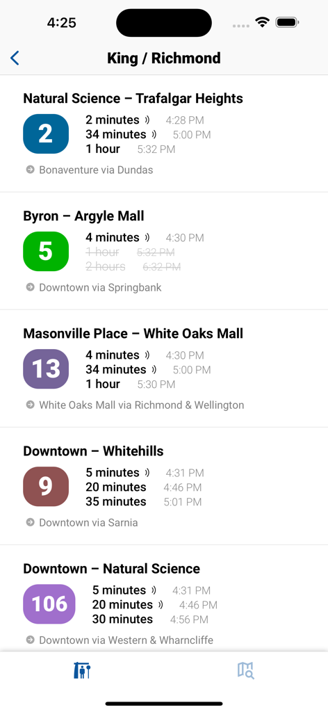 Real-time bus arrival times for King and Richmond stop in the London Transit LTC app.