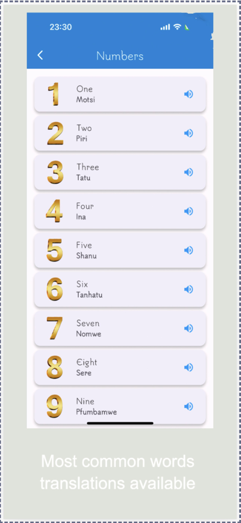 Learn Shona - Learn Shona app screen showing numbers from one to nine with their Shona translations and audio pronunciation icons