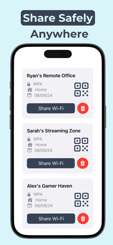 WiFily app interface displaying a list of saved Wi-Fi networks with QR codes for safe sharing
