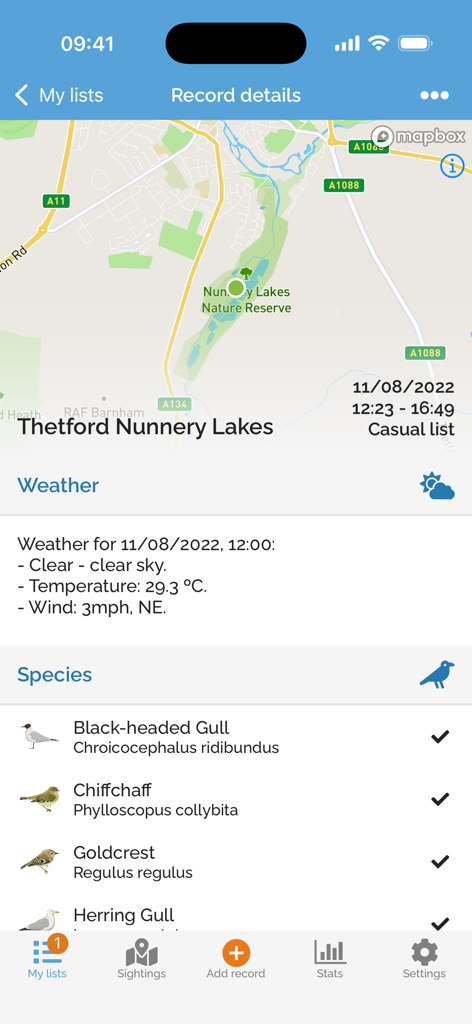 BirdTrack - BirdTrack app screen displaying bird sighting record details including a location map, weather data, and a list of observed bird species.