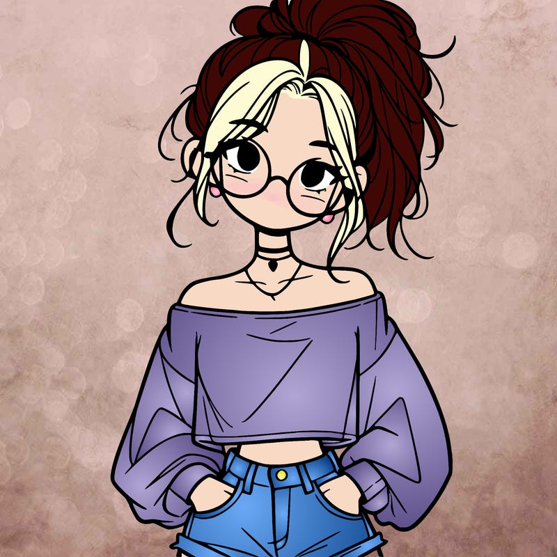 girl with a messy ponytail glasses a baggy crop top and jean shorts
