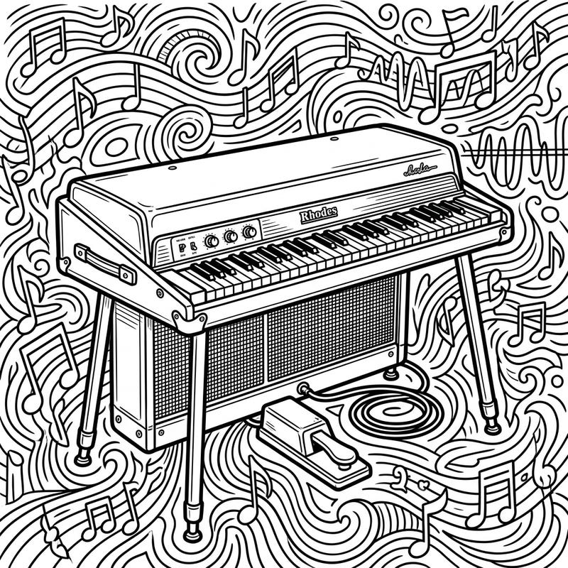 Unleash your creativity with this intricate electric piano coloring page, featuring a classic instrument surrounded by a symphony of musical notes. It's a perfect blend of vintage charm and artistic expression for all music enthusiasts.
