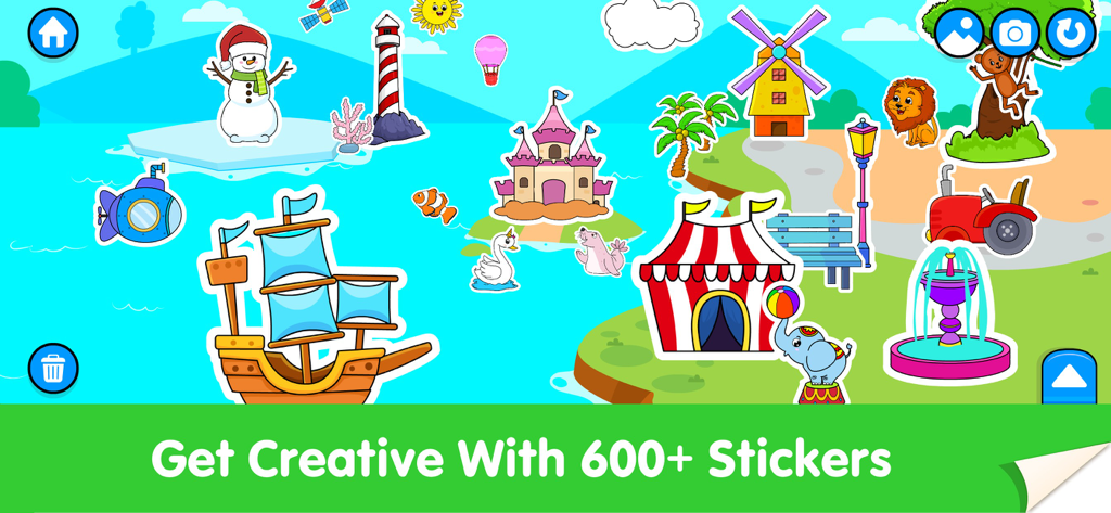 Scena digitale di adesivi vibranti per bambini con animali, edifici e veicoli per il gioco creativo