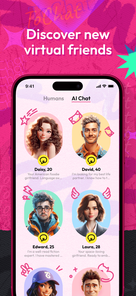 ToChat mobile app screen showing several virtual AI friend profiles for social interaction.