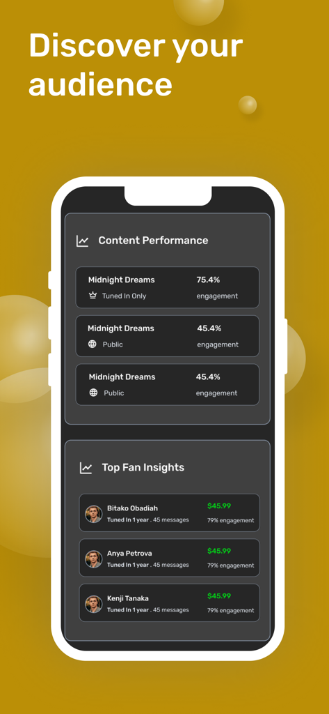 Freecords mobile app interface showing music content performance and top fan insights